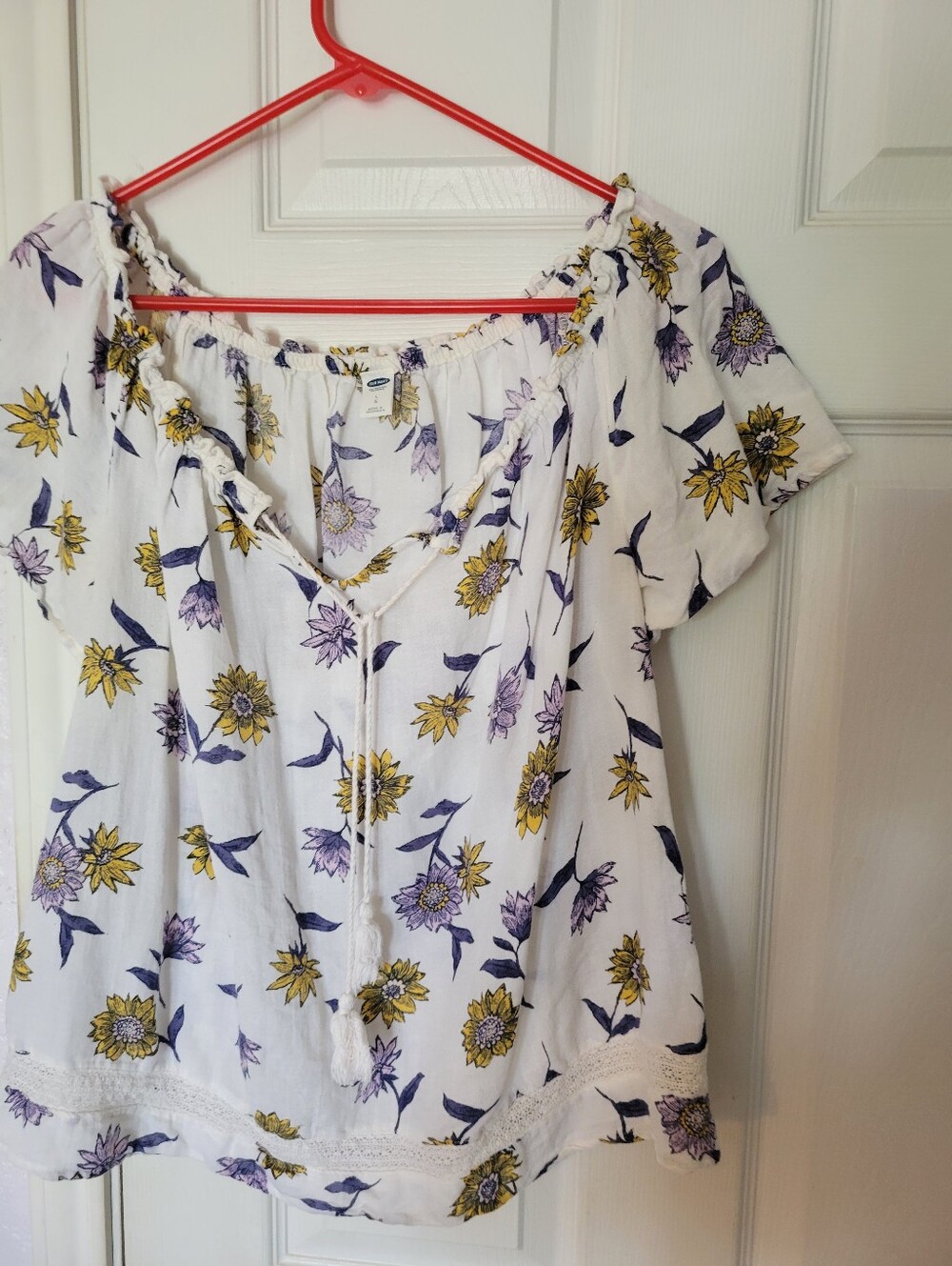 Old Navy White Off-Shoulder Floral Blouse with Yellow & Purple Flowers